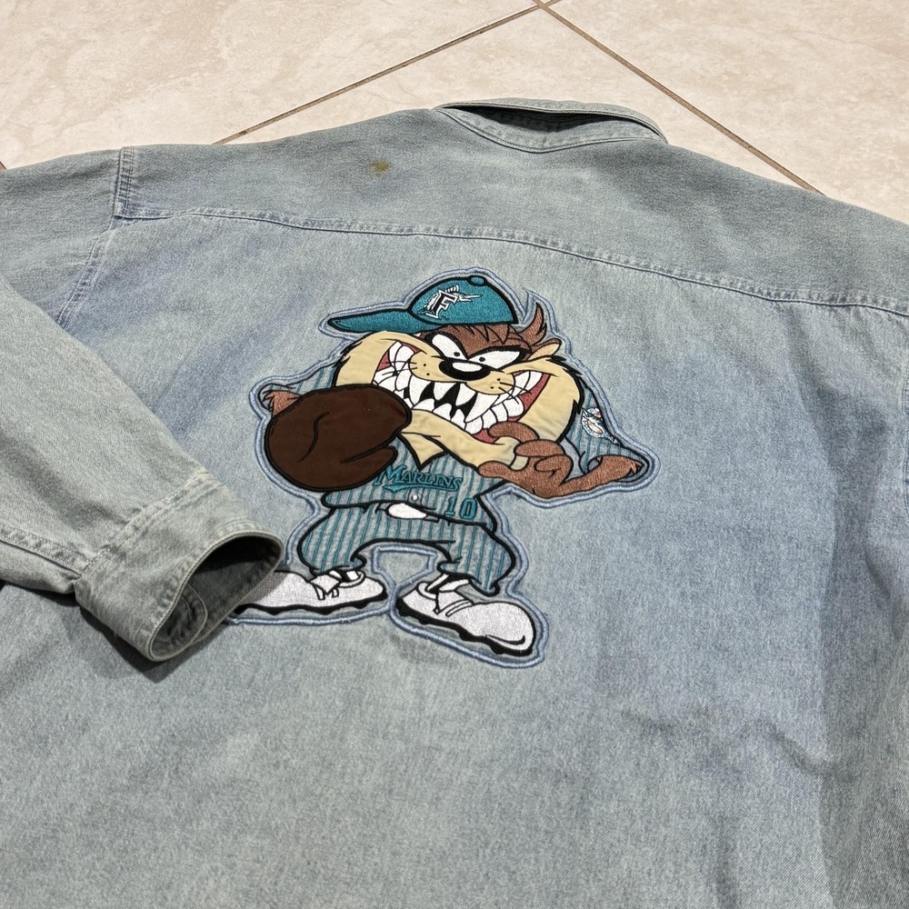 Vintage 90s Tasmanian Devil Florida Marlins Denim‎ Shirt Mens XL MLB Baseball